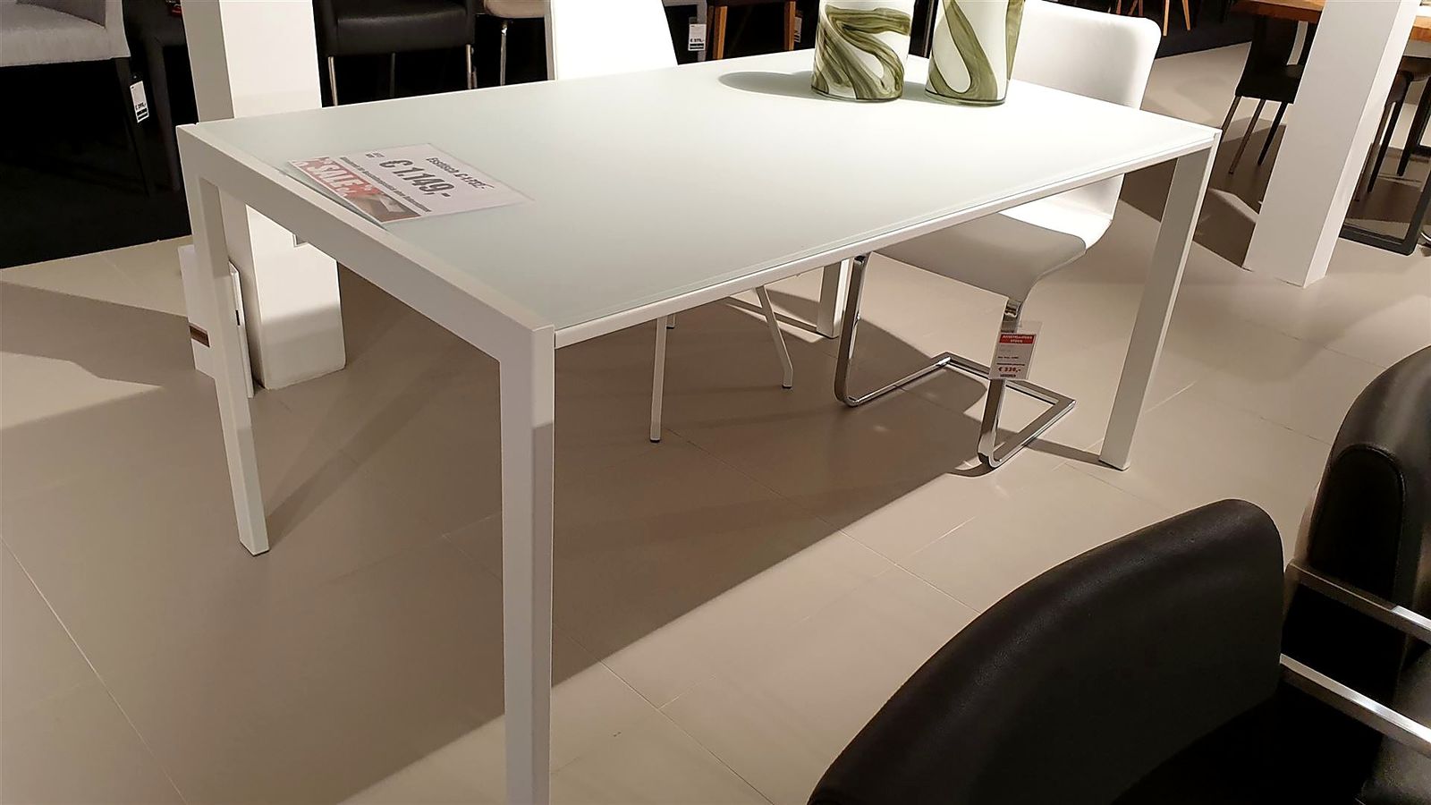 Esstisch 160–220 x 90 cm, Platte Glas Weiß Matt, Gestell weiß, ausziehbar