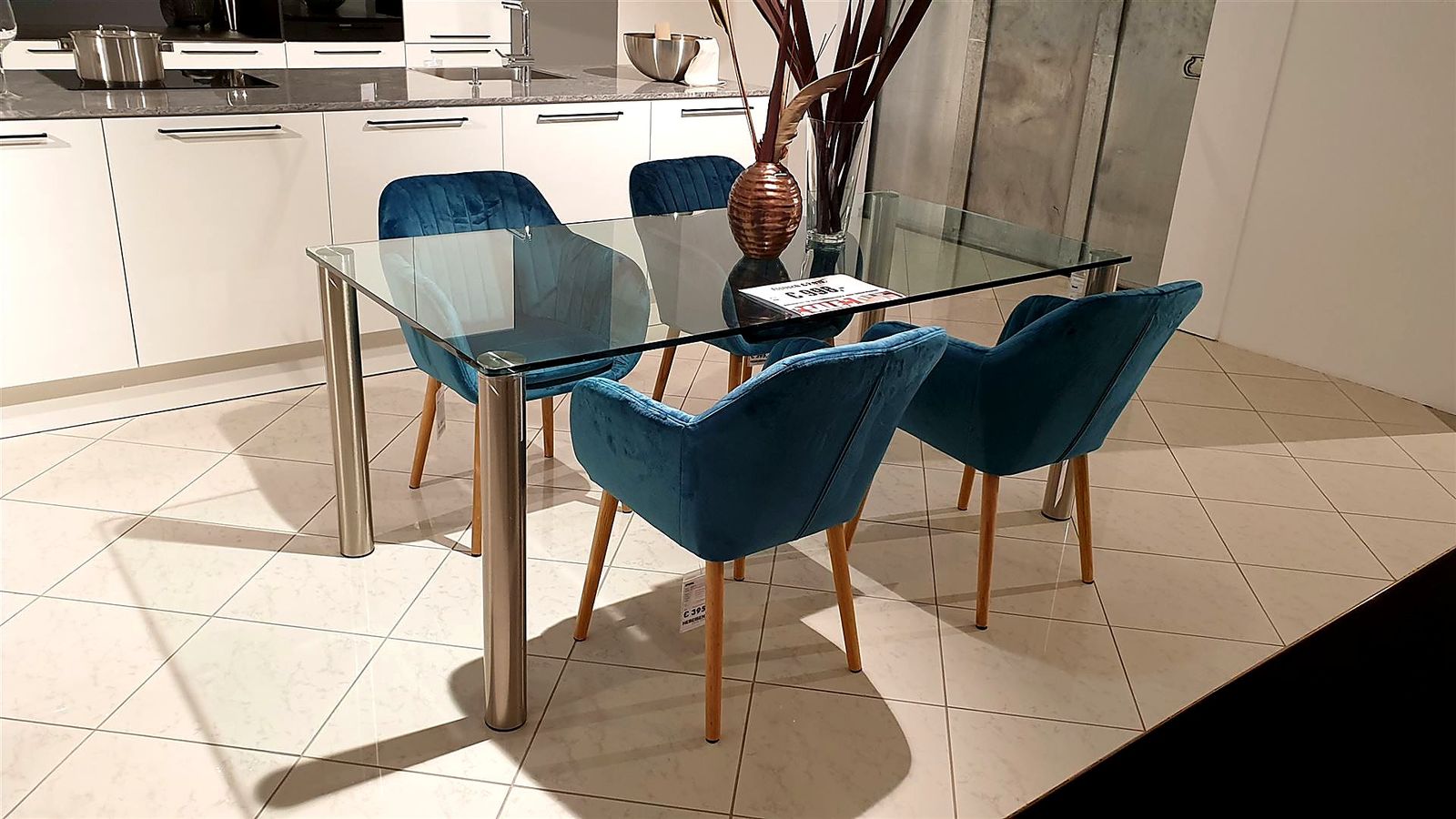 Esstisch 180 x 90 cm, Glasplatte, Gestell Nickel gebürstet
