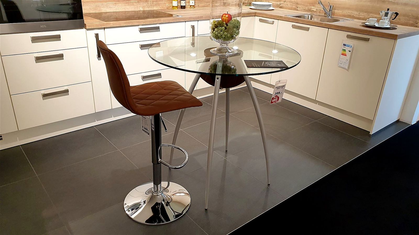 Tresentisch Ø 90 cm, H 91 cm, Glasplatte, Gestell metallfarben