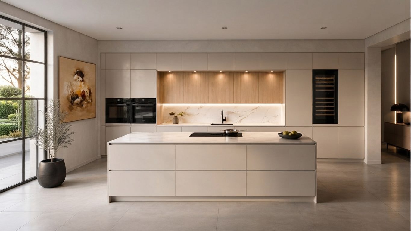 Musterküche Beige matt mit Holz-Nische, Weinklimaschrank und warmem Abendlicht