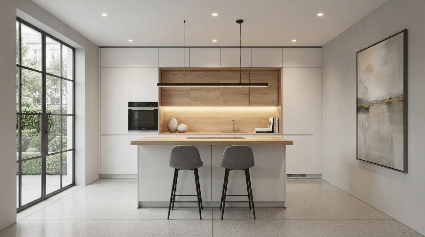 Musterküche Modern, Fronten Weiß Matt mit offener Holzoptik-Nische und Barhockern