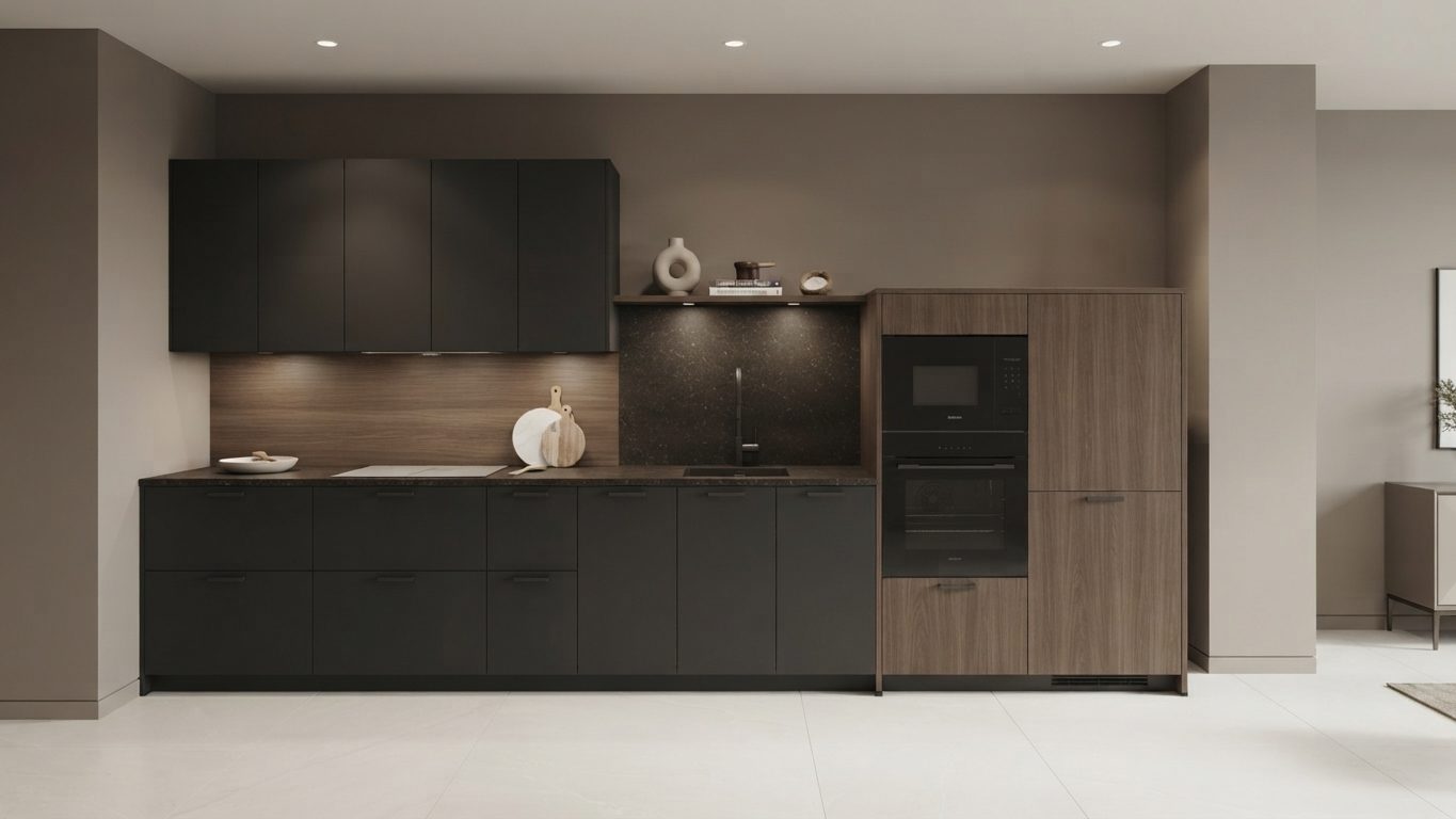 Musterküche Modern, Fronten Anthrazit Matt mit Holzoptik-Rückwand und Steinoptik-Nische